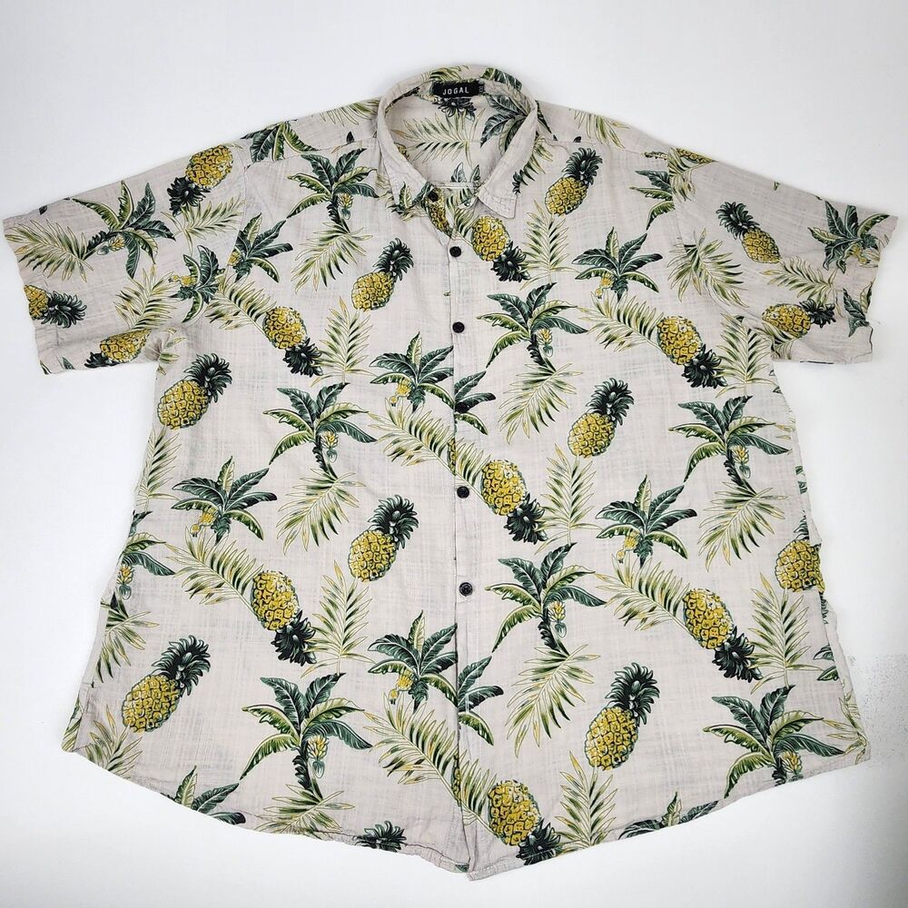 Jogal Men's XXL Pineapple Palm Tree Hawaiian Shirt Tropical Button Front